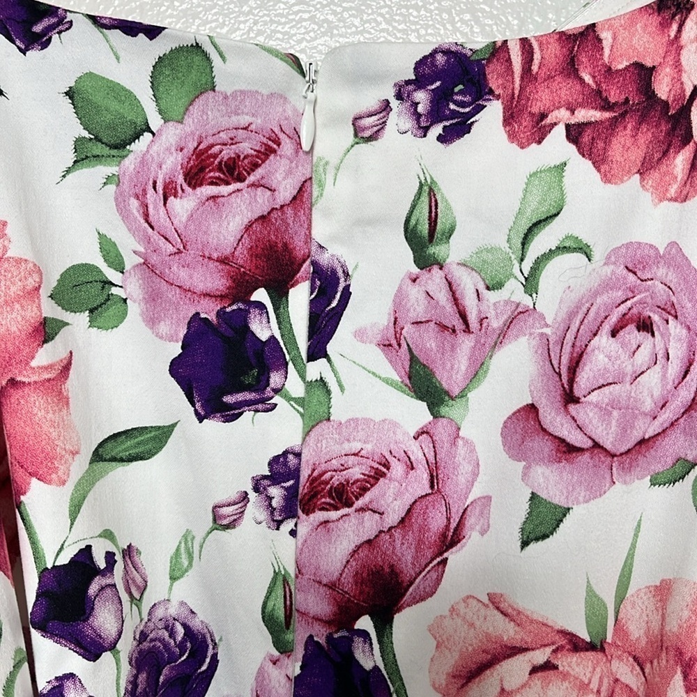 New British Retro White Rose Puffed Sleeve Dress Women Size UK 14 / US 10 - Picture 8 of 9